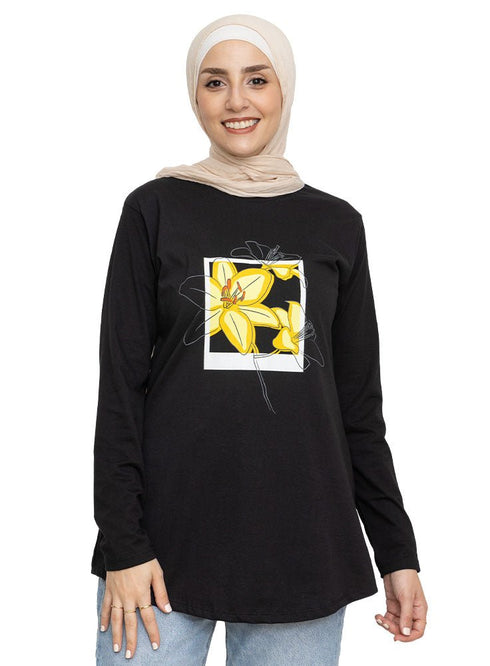 Black Printed Long - Sleeve Design 21 - Khotwh
